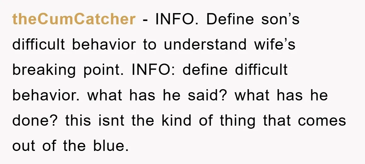 theCumCatcher − INFO. Define son’s difficult behavior to understand wife’s breaking point. INFO: define difficult behavior. what has he said? what has he done? this isnt the kind of thing...
