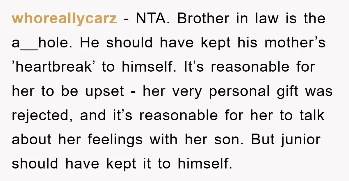 whoreallycarz − NTA. Brother in law is the a__hole. He should have kept his mother’s ’heartbreak’ to himself. It’s reasonable for her to be upset - her very personal gift...