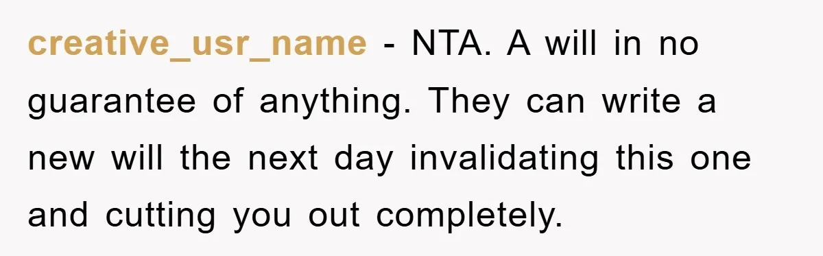 creative_usr_name − NTA. A will in no guarantee of anything. They can write a new will the next day invalidating this one and cutting you out completely.