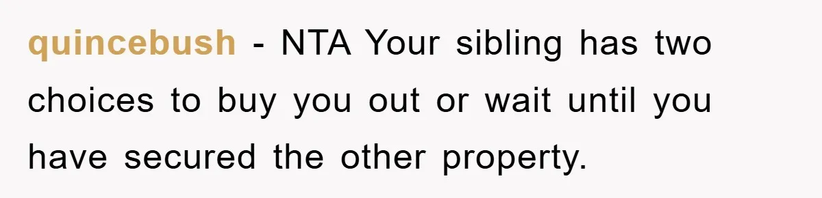 quincebush − NTA Your sibling has two choices to buy you out or wait until you have secured the other property.