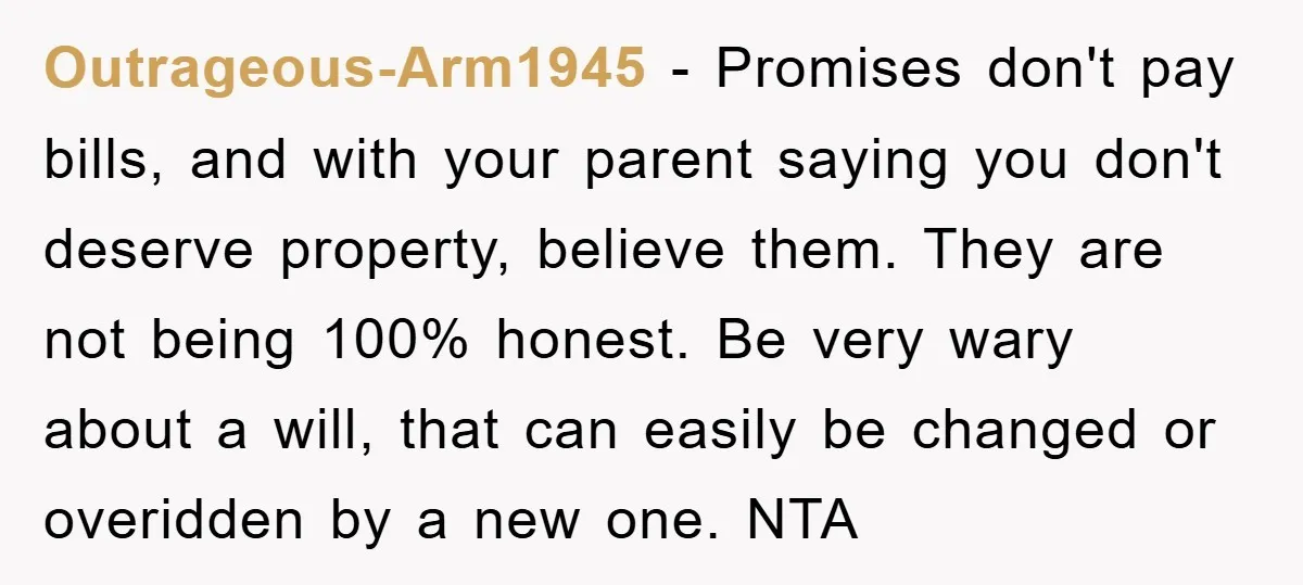 Outrageous-Arm1945 − Promises don't pay bills, and with your parent saying you don't deserve property, believe them. They are not being 100% honest. Be very wary about a will, that...
