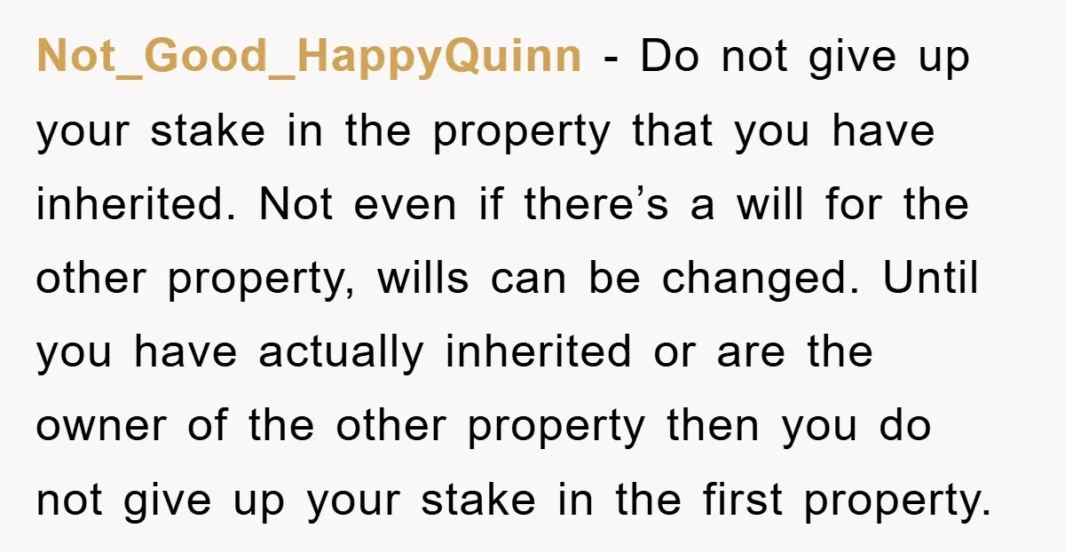Not_Good_HappyQuinn − Do not give up your stake in the property that you have inherited. Not even if there’s a will for the other property, wills can be changed. Until...