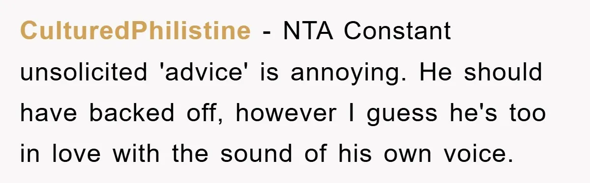 CulturedPhilistine − NTA Constant unsolicited 'advice' is annoying. He should have backed off, however I guess he's too in love with the sound of his own voice.