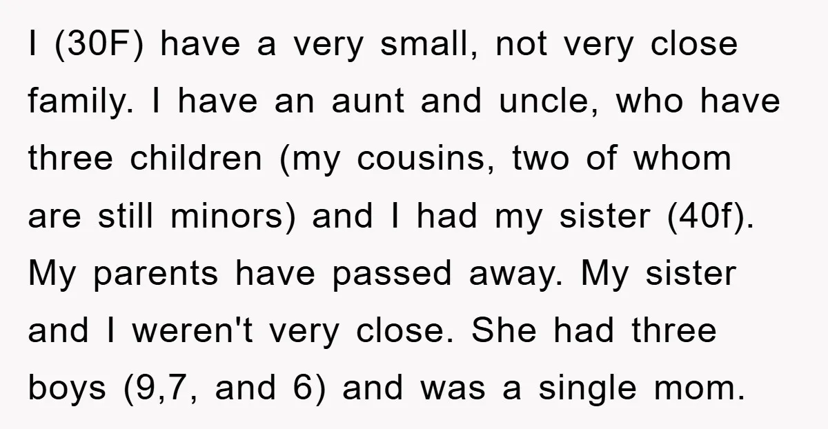 I (30F) have a very small, not very close family. I have an aunt and uncle, who have three children (my cousins, two of whom are still minors) and I...