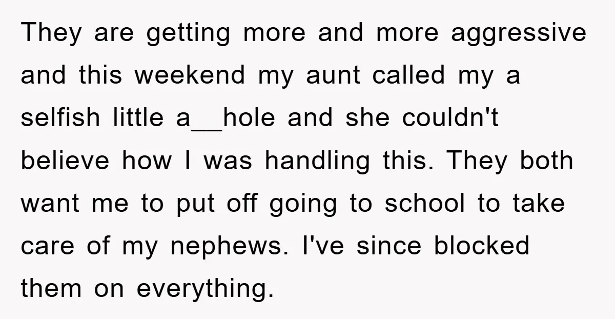 They are getting more and more aggressive and this weekend my aunt called my a selfish little a__hole and she couldn't believe how I was handling this. They both want...