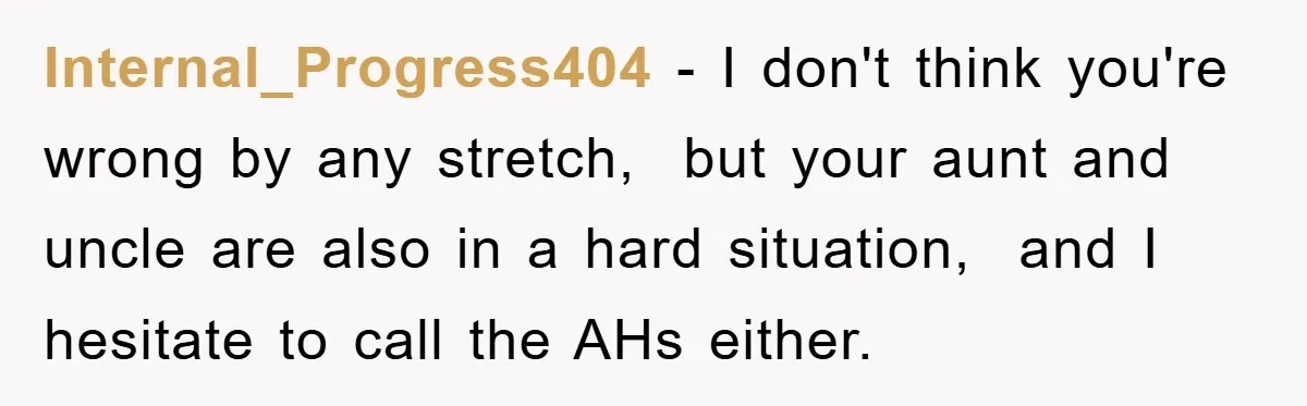 Internal_Progress404 − I don't think you're wrong by any stretch,  but your aunt and uncle are also in a hard situation,  and I hesitate to call the AHs either.