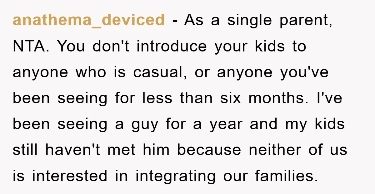 anathema_deviced − As a single parent, NTA. You don't introduce your kids to anyone who is casual, or anyone you've been seeing for less than six months. I've been seeing...