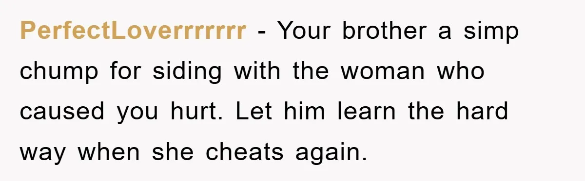 PerfectLoverrrrrrr − Your brother a simp chump for siding with the woman who caused you hurt. Let him learn the hard way when she cheats again.