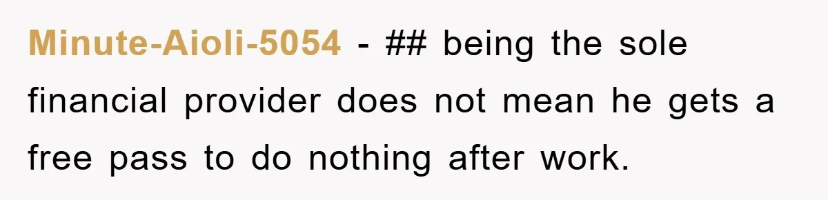 Minute-Aioli-5054 − ## being the sole financial provider does not mean he gets a free pass to do nothing after work.