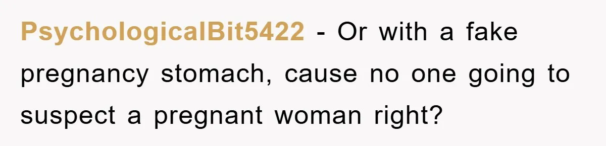 PsychologicalBit5422 − Or with a fake pregnancy stomach, cause no one going to suspect a pregnant woman right?