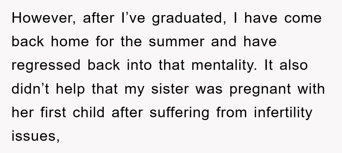 However, after I’ve graduated, I have come back home for the summer and have regressed back into that mentality. It also didn’t help that my sister was pregnant with her...