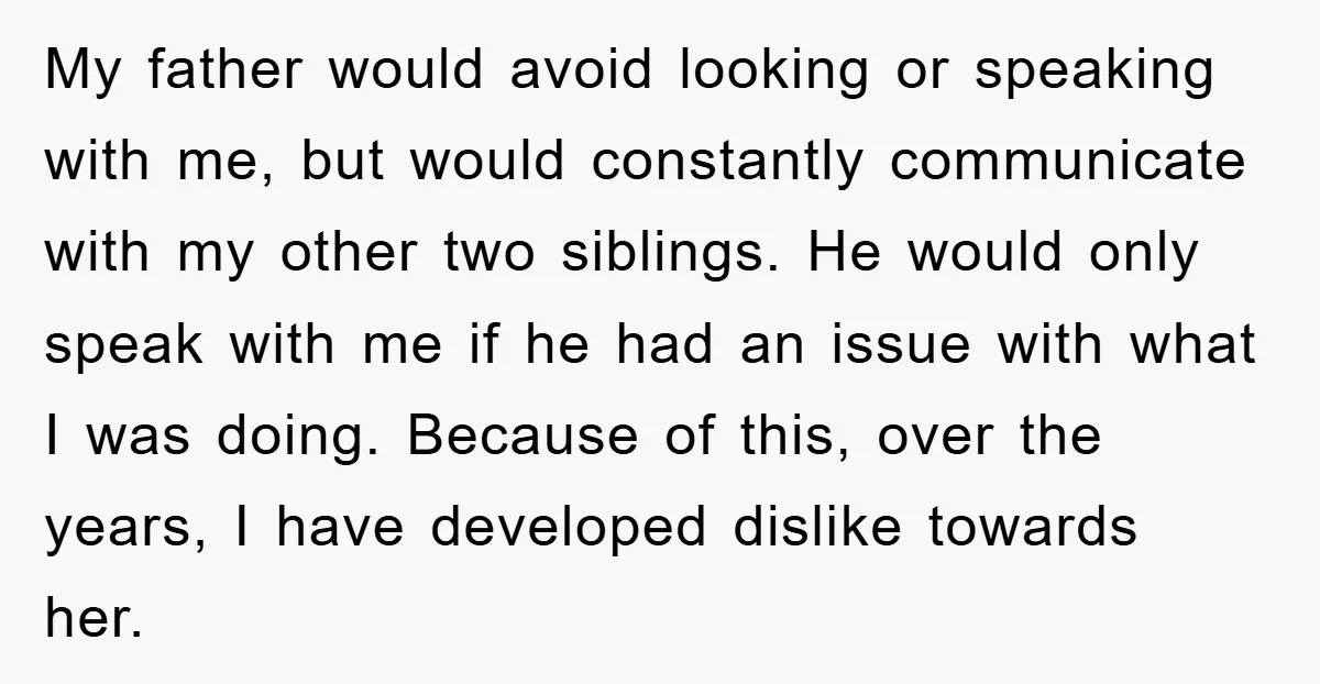 My father would avoid looking or speaking with me, but would constantly communicate with my other two siblings. He would only speak with me if he had an issue with...