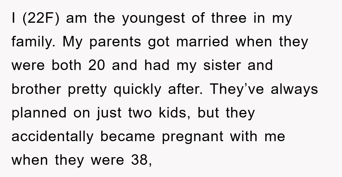 I (22F) am the youngest of three in my family. My parents got married when they were both 20 and had my sister and brother pretty quickly after. They’ve always...