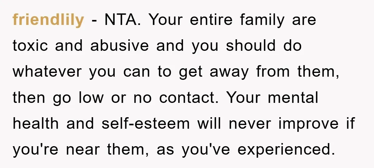 friendlily − NTA. Your entire family are toxic and abusive and you should do whatever you can to get away from them, then go low or no contact. Your mental...