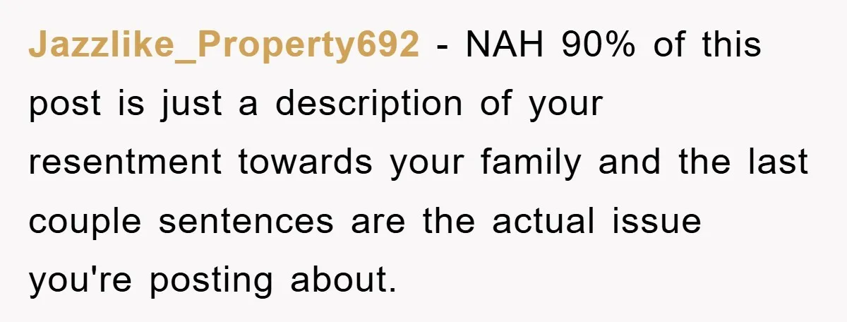 Jazzlike_Property692 − NAH 90% of this post is just a description of your resentment towards your family and the last couple sentences are the actual issue you're posting about.