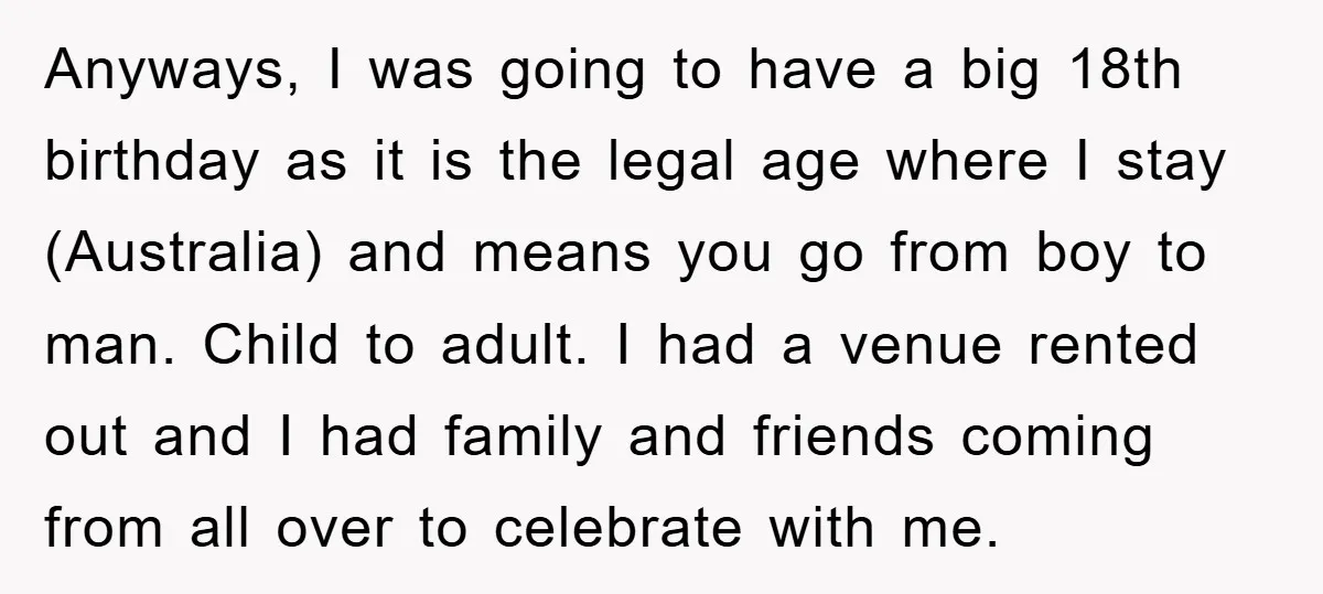 Anyways, I was going to have a big 18th birthday as it is the legal age where I stay (Australia) and means you go from boy to man. Child to...