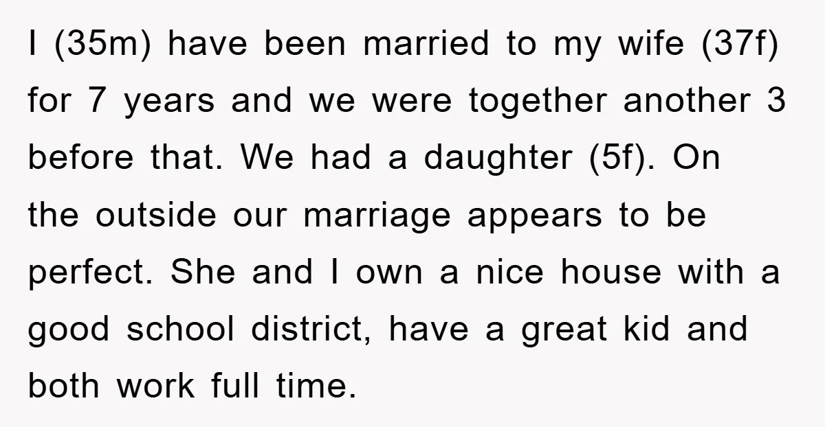 I (35m) have been married to my wife (37f) for 7 years and we were together another 3 before that. We had a daughter (5f). On the outside our marriage...