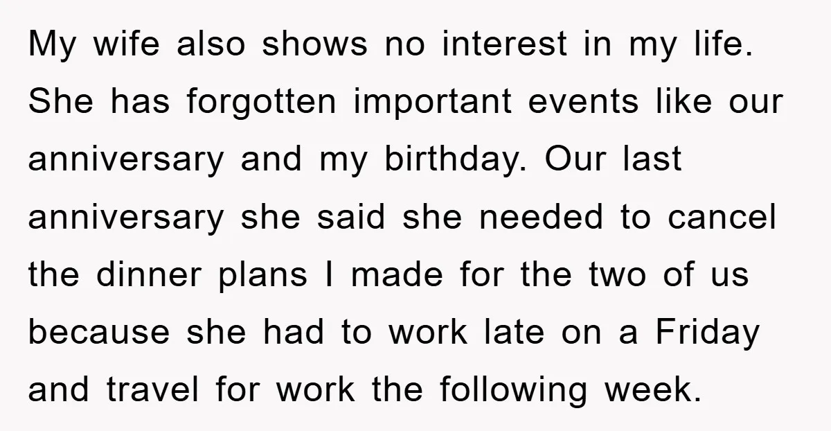My wife also shows no interest in my life. She has forgotten important events like our anniversary and my birthday. Our last anniversary she said she needed to cancel the...