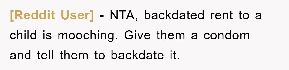 [Reddit User] − NTA, backdated rent to a child is mooching. Give them a condom and tell them to backdate it.