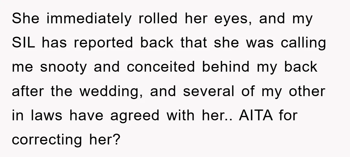 She immediately rolled her eyes, and my SIL has reported back that she was calling me snooty and conceited behind my back after the wedding, and several of my other...
