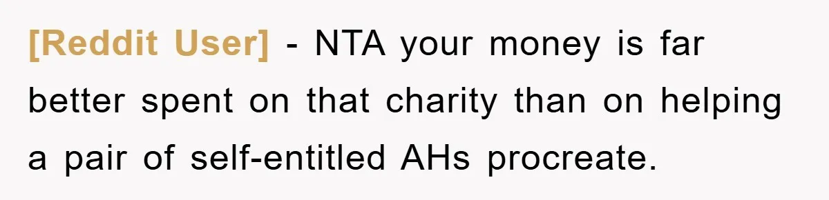 [Reddit User] − NTA your money is far better spent on that charity than on helping a pair of self-entitled AHs procreate.