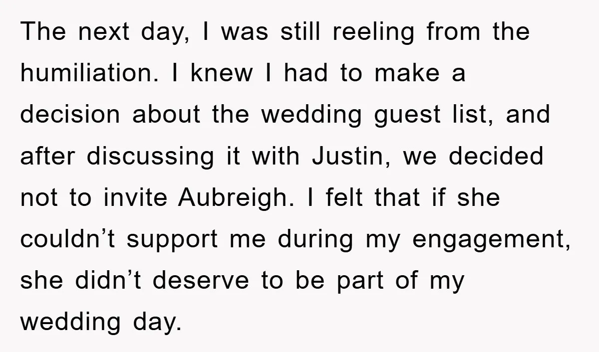 The next day, I was still reeling from the humiliation. I knew I had to make a decision about the wedding guest list, and after discussing it with Justin, we...