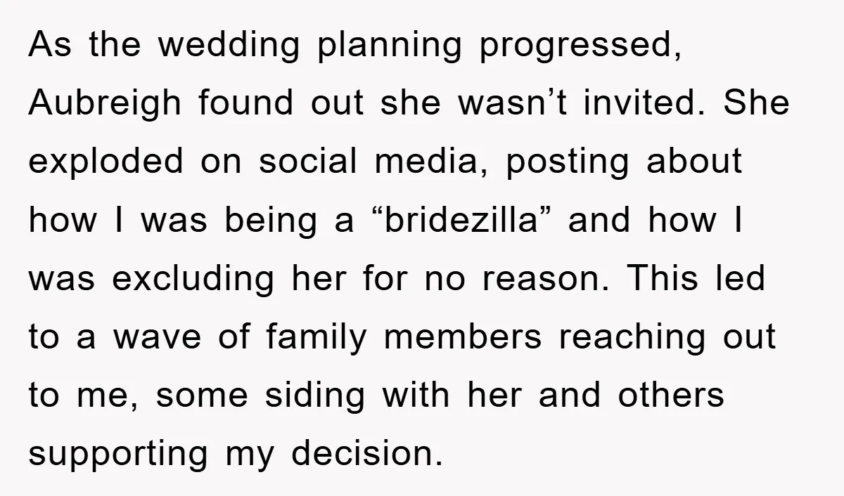 As the wedding planning progressed, Aubreigh found out she wasn’t invited. She exploded on social media, posting about how I was being a “bridezilla” and how I was excluding her...