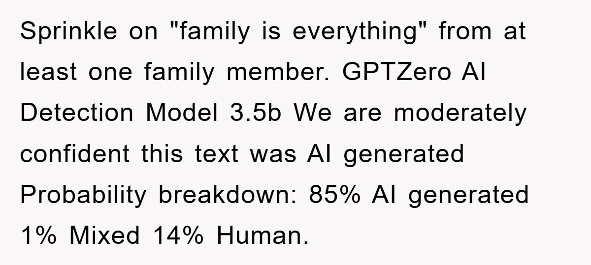 Sprinkle on "family is everything" from at least one family member. GPTZero AI Detection Model 3.5b We are moderately confident this text was AI generated Probability breakdown: 85% AI generated...