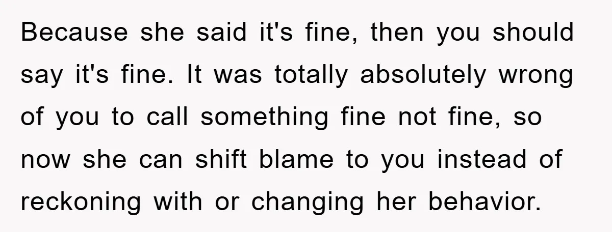 Because she said it's fine, then you should say it's fine. It was totally absolutely wrong of you to call something fine not fine, so now she can shift blame...