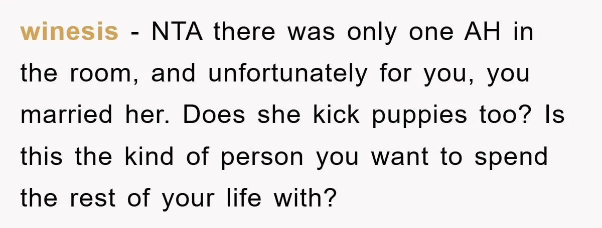 winesis − NTA there was only one AH in the room, and unfortunately for you, you married her. Does she kick puppies too? Is this the kind of person you...