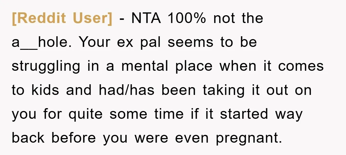 [Reddit User] − NTA 100% not the a__hole. Your ex pal seems to be struggling in a mental place when it comes to kids and had/has been taking it out...