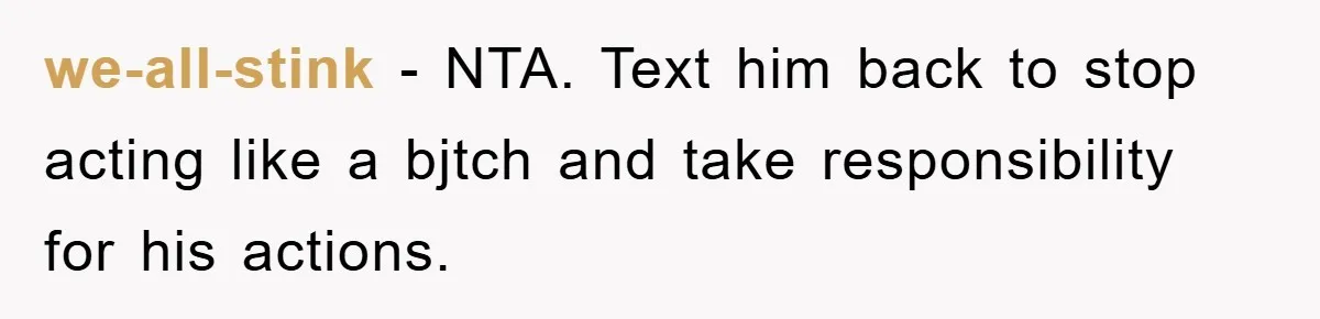 we-all-stink − NTA. Text him back to stop acting like a bjtch and take responsibility for his actions.