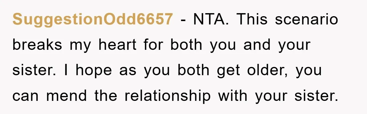 SuggestionOdd6657 − NTA. This scenario breaks my heart for both you and your sister. I hope as you both get older, you can mend the relationship with your sister.