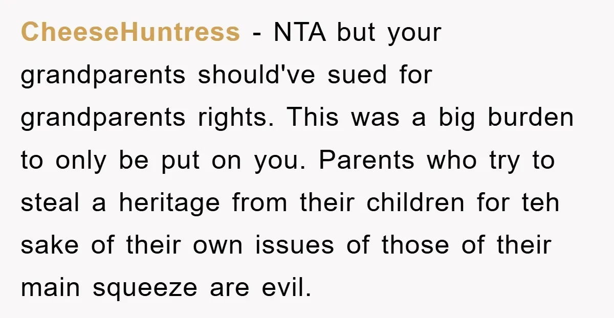 CheeseHuntress − NTA but your grandparents should've sued for grandparents rights. This was a big burden to only be put on you. Parents who try to steal a heritage from...