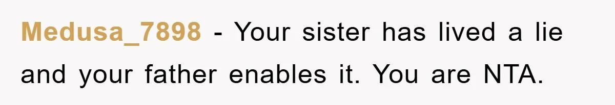 Medusa_7898 − Your sister has lived a lie and your father enables it. You are NTA.