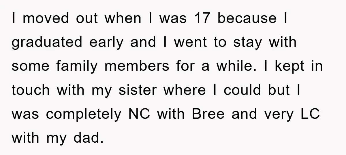 I moved out when I was 17 because I graduated early and I went to stay with some family members for a while. I kept in touch with my sister...
