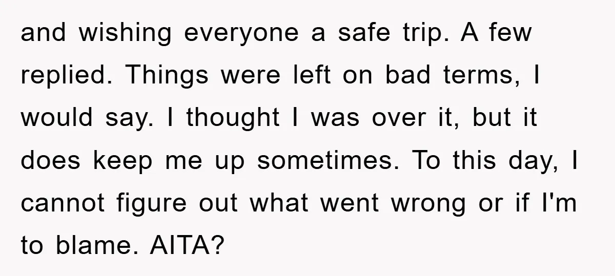 and wishing everyone a safe trip. A few replied. Things were left on bad terms, I would say. I thought I was over it, but it does keep me up...