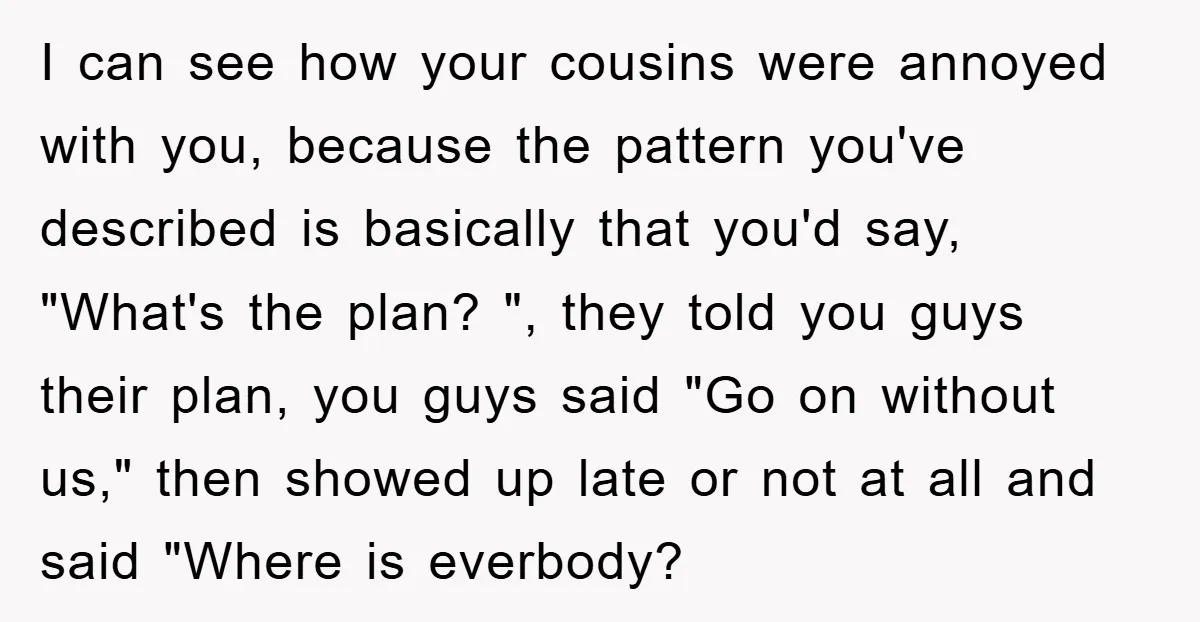 I can see how your cousins were annoyed with you, because the pattern you've described is basically that you'd say, "What's the plan? ", they told you guys their plan,...