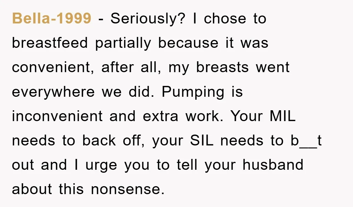 Bella-1999 − Seriously? I chose to breastfeed partially because it was convenient, after all, my breasts went everywhere we did. Pumping is inconvenient and extra work. Your MIL needs to...