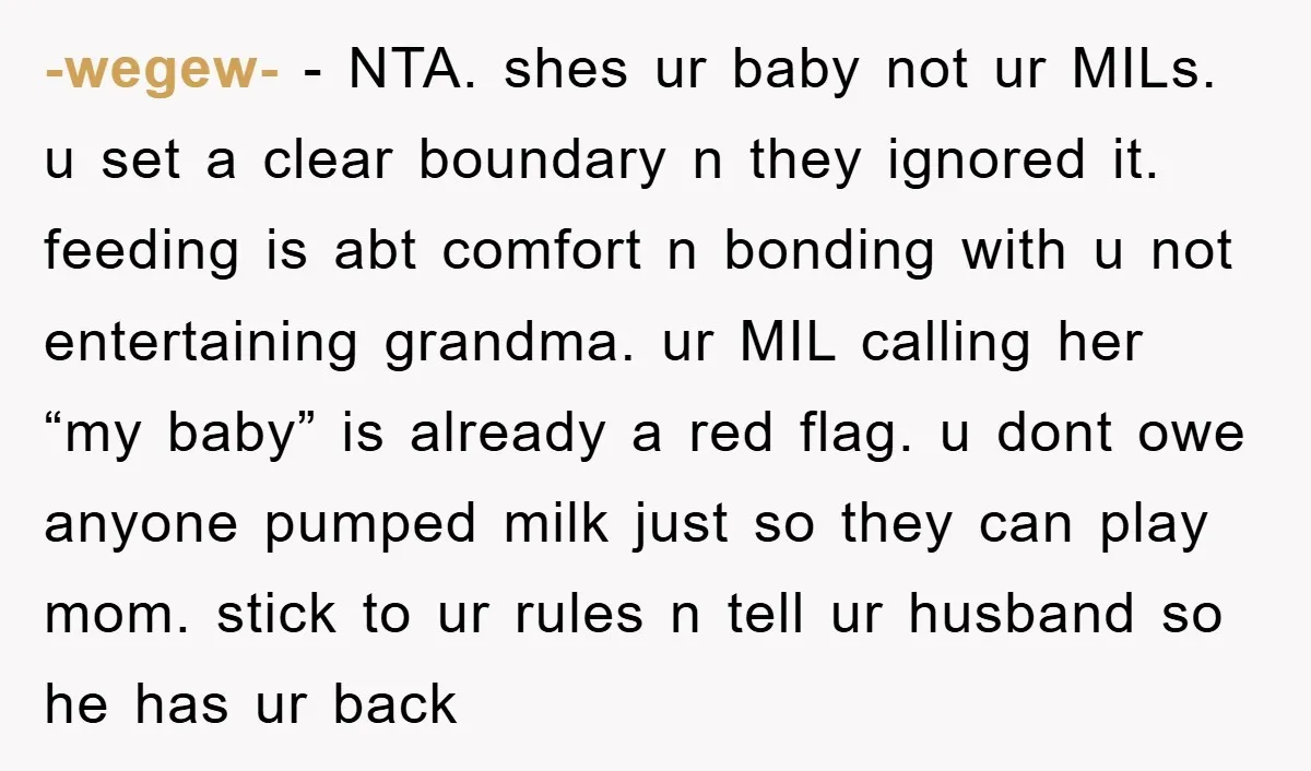 -wegew- − NTA. shes ur baby not ur MILs. u set a clear boundary n they ignored it. feeding is abt comfort n bonding with u not entertaining grandma. ur...