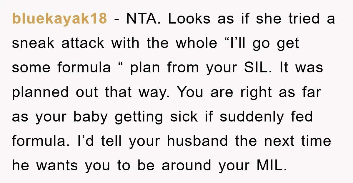 bluekayak18 − NTA. Looks as if she tried a sneak attack with the whole “I’ll go get some formula “ plan from your SIL. It was planned out that way....