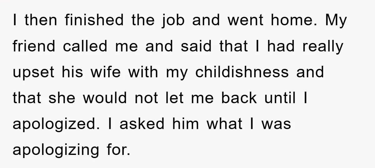 I then finished the job and went home. My friend called me and said that I had really upset his wife with my childishness and that she would not let...