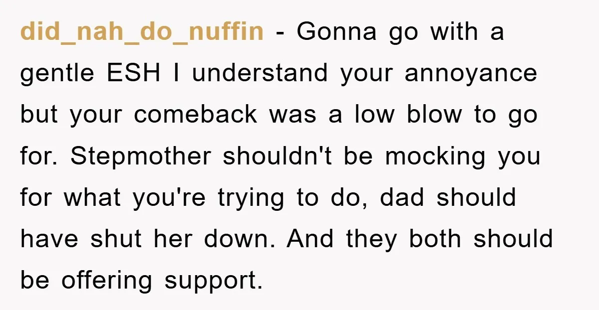 did_nah_do_nuffin − Gonna go with a gentle ESH I understand your annoyance but your comeback was a low blow to go for. Stepmother shouldn't be mocking you for what you're...