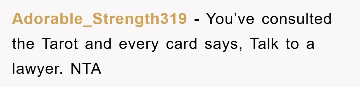 Adorable_Strength319 − You’ve consulted the Tarot and every card says, Talk to a lawyer. NTA
