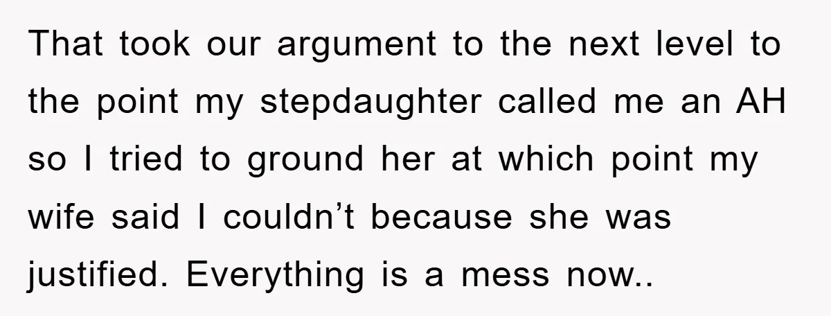 That took our argument to the next level to the point my stepdaughter called me an AH so I tried to ground her at which point my wife said I...