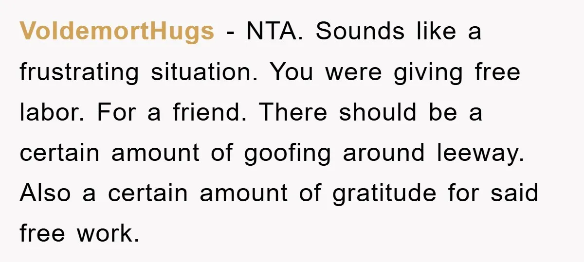VoldemortHugs − NTA. Sounds like a frustrating situation. You were giving free labor. For a friend. There should be a certain amount of goofing around leeway. Also a certain amount...