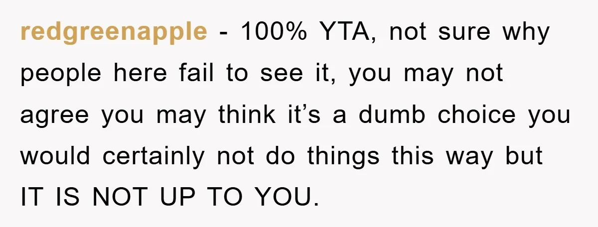 redgreenapple − 100% YTA, not sure why people here fail to see it, you may not agree you may think it’s a dumb choice you would certainly not do things...