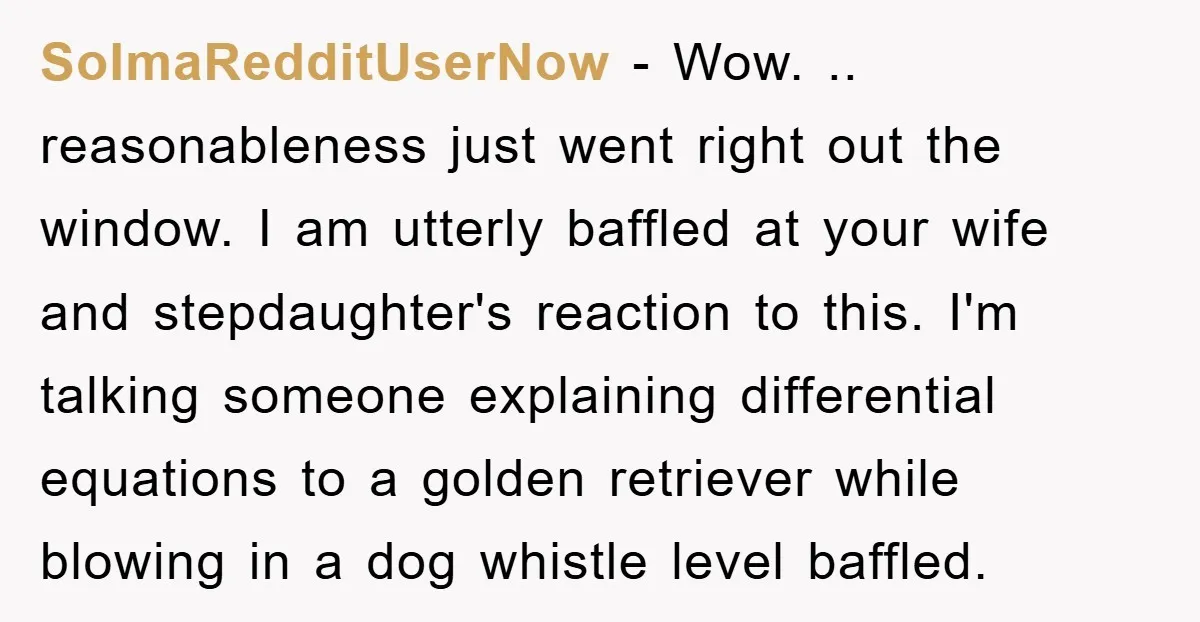 SoImaRedditUserNow − Wow. .. reasonableness just went right out the window. I am utterly baffled at your wife and stepdaughter's reaction to this. I'm talking someone explaining differential equations to...