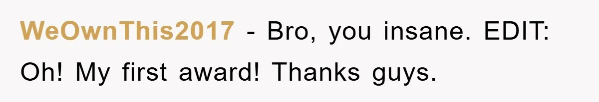 WeOwnThis2017 − Bro, you insane. EDIT: Oh! My first award! Thanks guys.