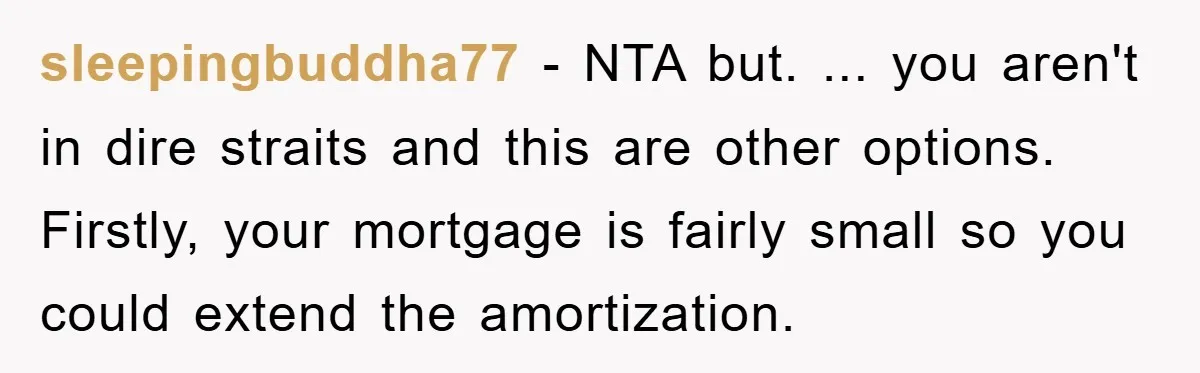 sleepingbuddha77 − NTA but. ... you aren't in dire straits and this are other options. Firstly, your mortgage is fairly small so you could extend the amortization.